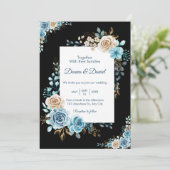 Blauw beige bruiloft uitnodigingskaart floral wate kaart (Staand voorkant)