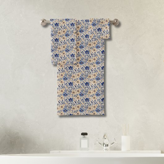 Blauw Beige Chinoiserie Toile Aquarel Bloemig Bad Handdoek