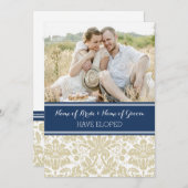 blauw-beige Damask fotokaarten Aankondiging (Voorkant / Achterkant)
