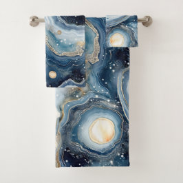 Blauw Beige Geode Abstract met Gouden Wervelingen Bad Handdoek