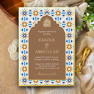 Blauw Beige Geometrisch Islamitisch Huwelijk Goud Folie Uitnodiging