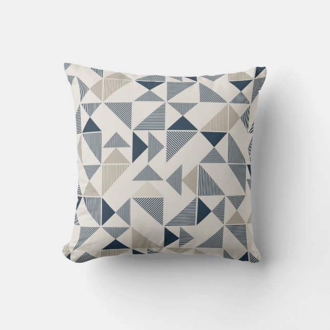 Blauw & Beige Geometrisch Patroon Worp Kussen (Voorkant)