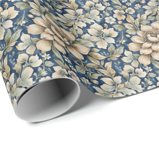 Blauw Beige Groen Chinoiserie Toile Bloemige Verja Cadeaupapier (Rol Hoek)