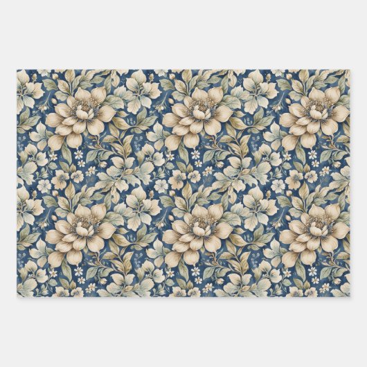 Blauw Beige Groen Chinoiserie Toile Bloemige Verja Inpakpapier Vel (Voorkant)