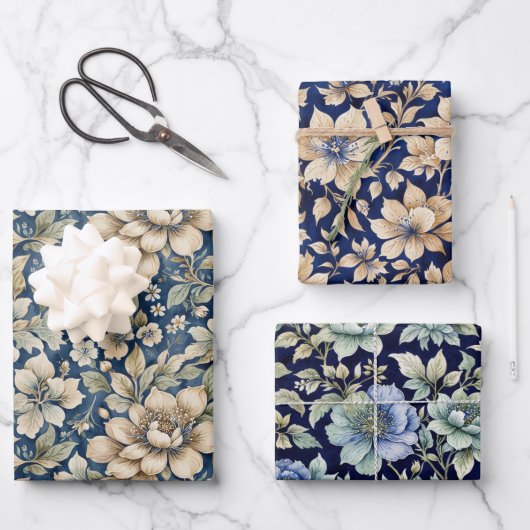 Blauw Beige Groen Chinoiserie Toile Bloemige Verja Inpakpapier Vel (Voorkant)