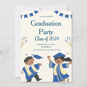 Blauw beige Illustratief Graduation Party voor kin Kaart