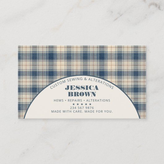 Blauw Beige Karo Rustic Modern Visitekaartje (Voorkant)