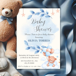 Blauw Beige,Knuffelbeer,Ballonnen, Baby shower jon Kaart