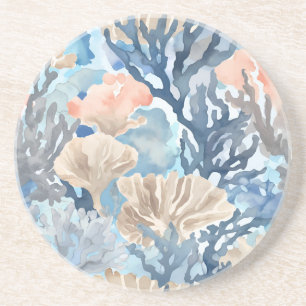 Blauw Beige Oranje Koraalrif Waterverf Kust Zandsteen Onderzetter