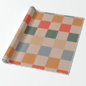 Blauw Beige Sinaasappel Bruin geruit Gingham Patro Cadeaupapier (Uitgerold)