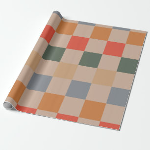 Blauw Beige Sinaasappel Bruin geruit Gingham Patro Cadeaupapier
