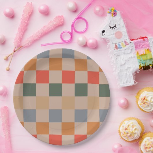 Blauw Beige Sinaasappel Bruin geruit Gingham Patro Papieren Bordje (Feest)