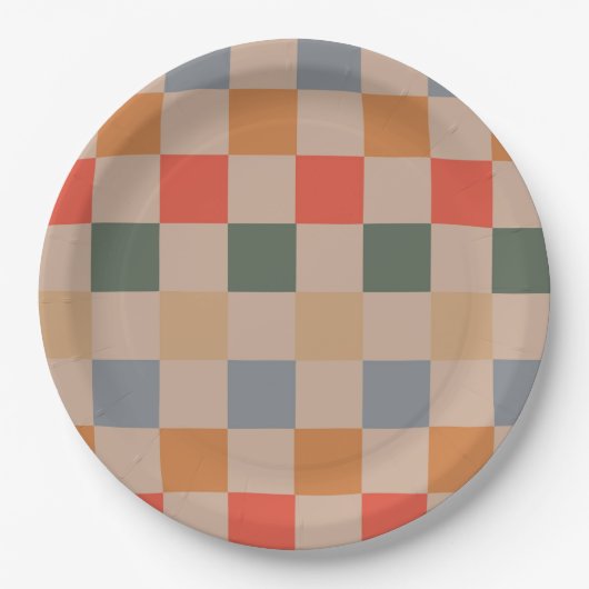 Blauw Beige Sinaasappel Bruin geruit Gingham Patro Papieren Bordje (Voorkant)
