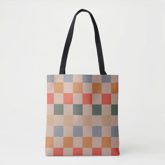 Blauw Beige Sinaasappel Bruin geruit Gingham Patro Tote Bag (Voorkant)