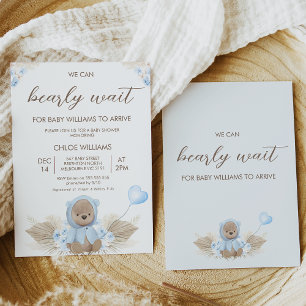 Blauw Beige We kunnen bijna wachten Baby shower Kaart