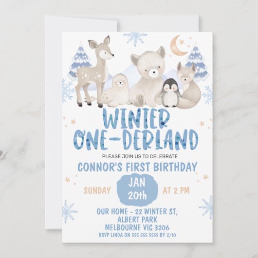 Blauw Beige Winter Onederland Verjaardagsuitnodigi Kaart (Voorkant)