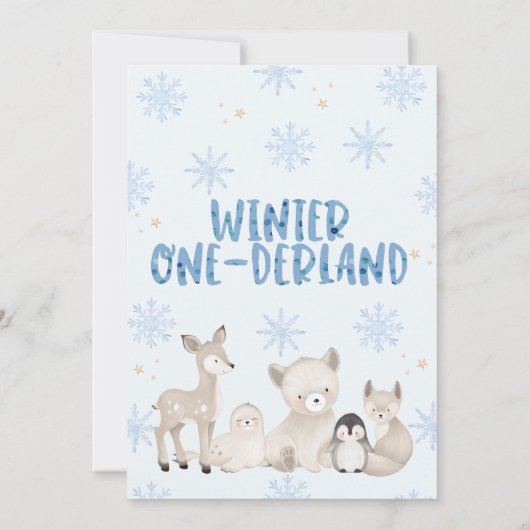 Blauw Beige Winter Onederland Verjaardagsuitnodigi Kaart (Achterkant)