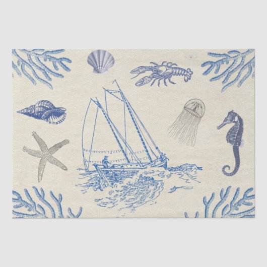  blauw beige zeeleven op Antiek papier (Voorkant)