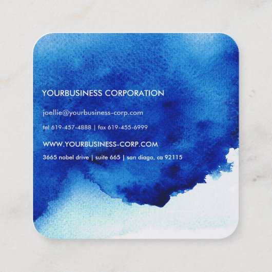 BLAUW/beklemd Waterverf Blauw Vierkante Visitekaartje (Achterkant)