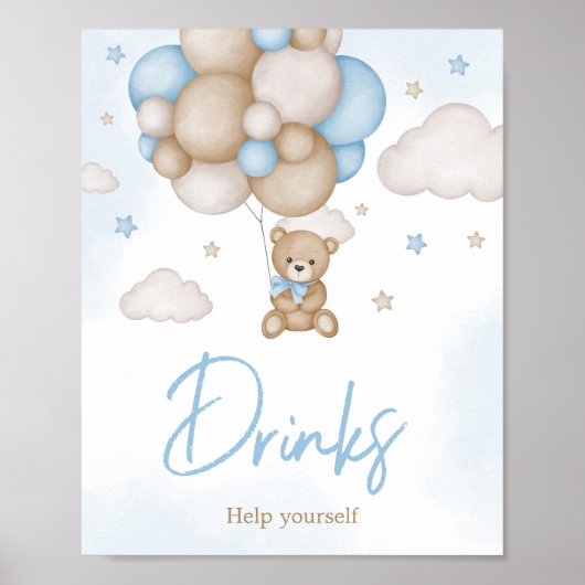Blauw Beren ballon Baby shower Drinken Poster (Voorkant)