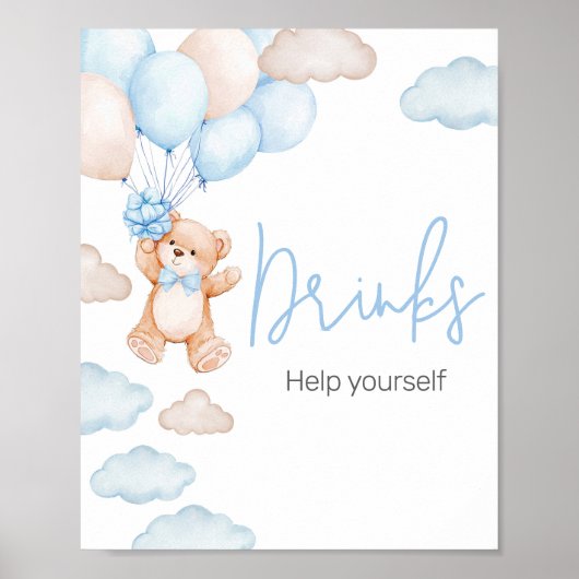 Blauw Beren ballon Baby shower Drinken Poster (Voorkant)