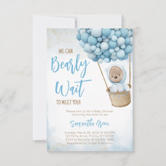 Blauw Beren ballon Baby shower Kaart (Voorkant)