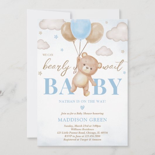Blauw Beren ballon Baby shower Kaart (Voorkant)