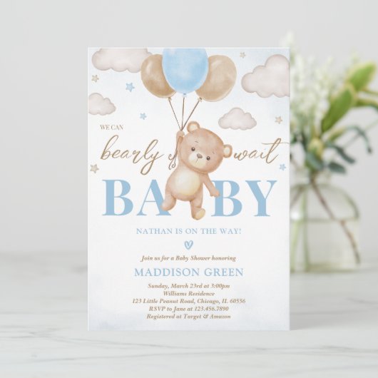 Blauw Beren ballon Baby shower Kaart (Staand voorkant)