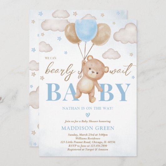 Blauw Beren ballon Baby shower Kaart (Voorkant / Achterkant)