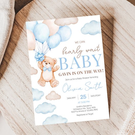 Blauw Beren ballon Baby shower Kaart