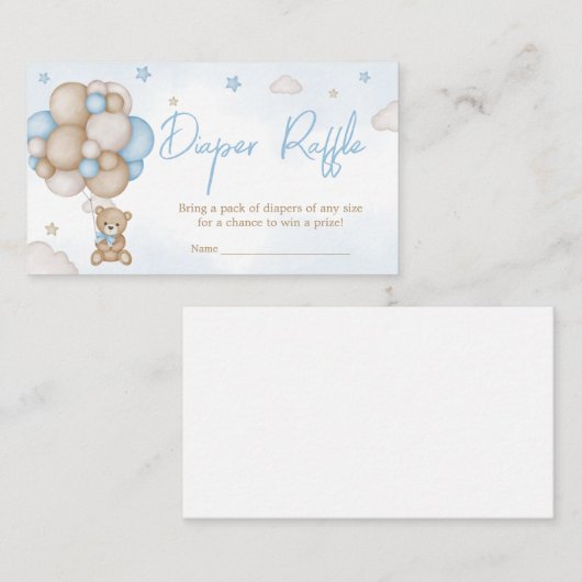 Blauw Beren ballon Baby shower luier Raffle Informatiekaartje (Voorkant / Achterkant)