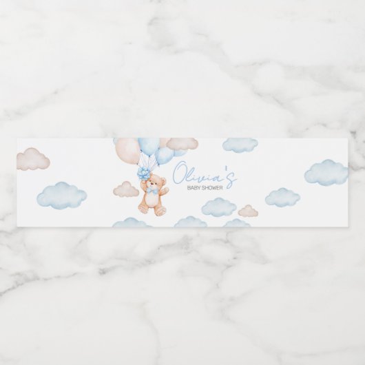Blauw Beren ballon Baby shower Waterfles Etiket (Enkel label)