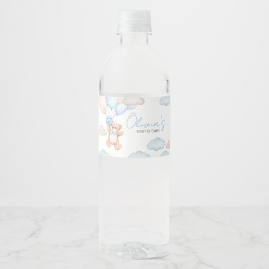 Blauw Beren ballon Baby shower Waterfles Etiket (Voorkant)