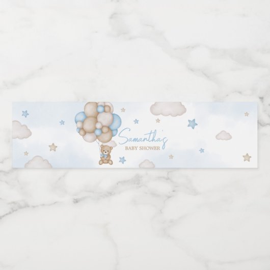 Blauw Beren ballon Baby shower Waterfles Etiket (Enkel label)