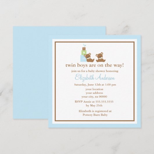 Blauw Beren Twins Baby shower Kaart (Voorkant / Achterkant)