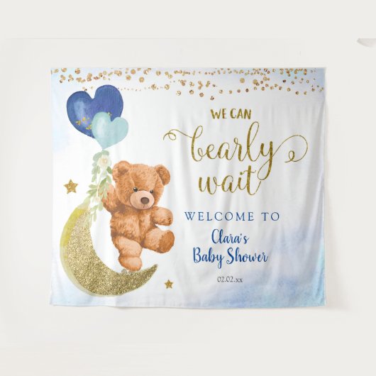 Blauw berenballon baby shower bord wandtapijt wandkleed (Voorkant (horizontaal))