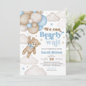 Blauw berenballon babyshower uitnodiging (Staand voorkant)