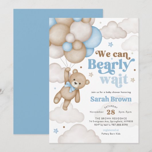 Blauw berenballon babyshower uitnodiging (Voorkant / Achterkant)