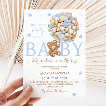 Blauw berenballon babyshower uitnodiging