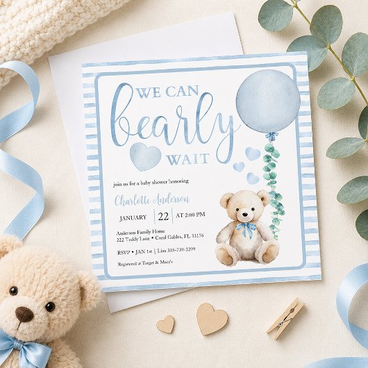 Blauw berenjongens babyshower uitnodiging