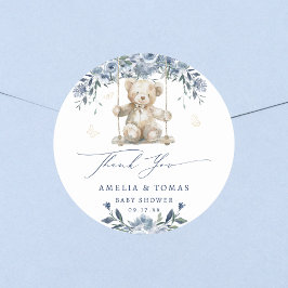 Blauw berenknuffel schommel baby shower bedankt ronde sticker