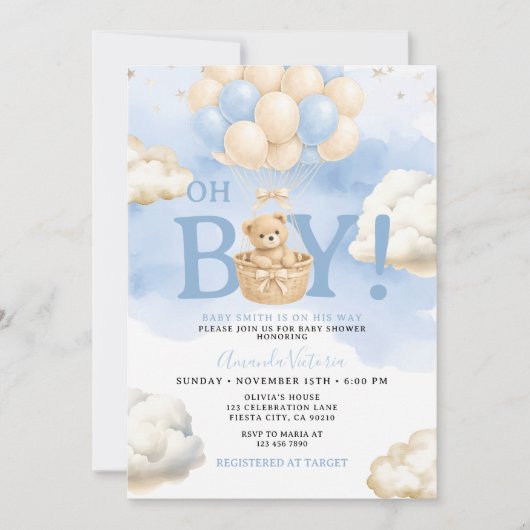 Blauw berenwolk ballon baby shower kaart (Voorkant)