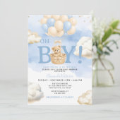 Blauw berenwolk ballon baby shower kaart (Staand voorkant)