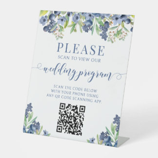 Blauw Bes Zacht Bloemig QR Code Huwelijksprogramma Reclamebord Met Voetstuk