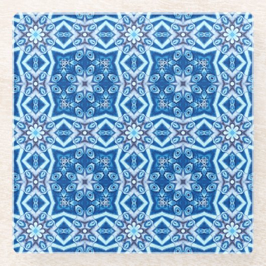 Blauw besneeuwd bloemenvierkant tegel patroon glazen onderzetter (Voorkant)