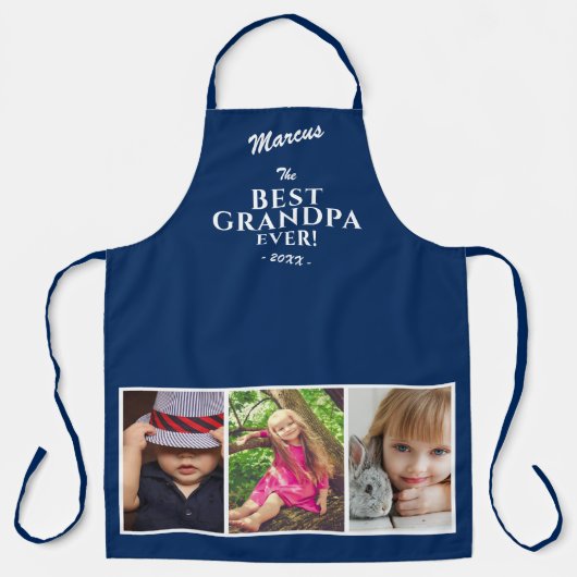 Blauw Beste Opa Ooit Keepsake 3 Fotocollage Schort (Voorkant)