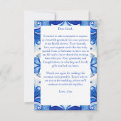 Blauw betegelde citroenen Italiaanse bruidsdouche  Bedankkaart (Achterkant)