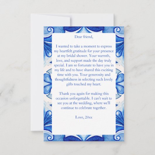 Blauw betegelde citroenen Italiaanse bruidsdouche  Bedankkaart (Achterkant)