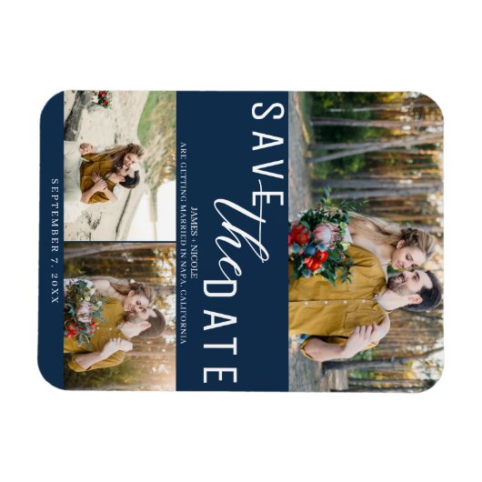 Blauw Bewaar de datum Bruiloft 3 Foto's Magneet (Horizontaal)