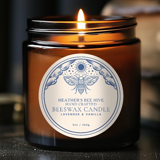 Blauw Bewerkbaar Witchy Tarot Honingbij Kaars Labe Ronde Sticker